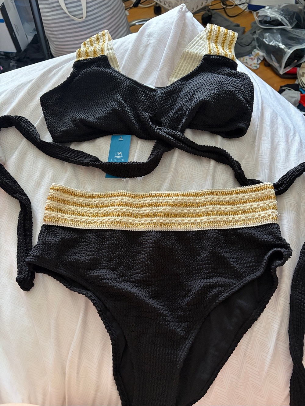 Cupshe Black & Gold Striped-Trim High Waist Bikini - Large NWT